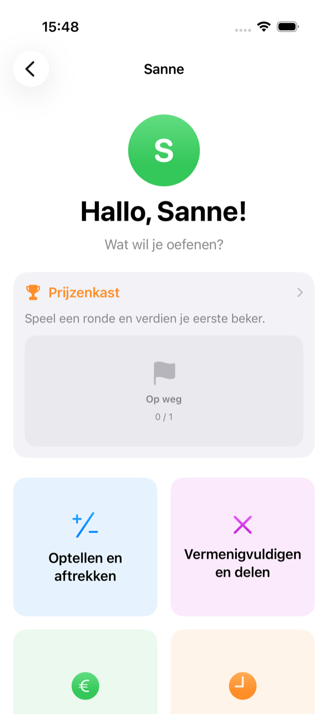 De profielpagina van een kind, met de categorieën die in die groep
                                  openstaan.