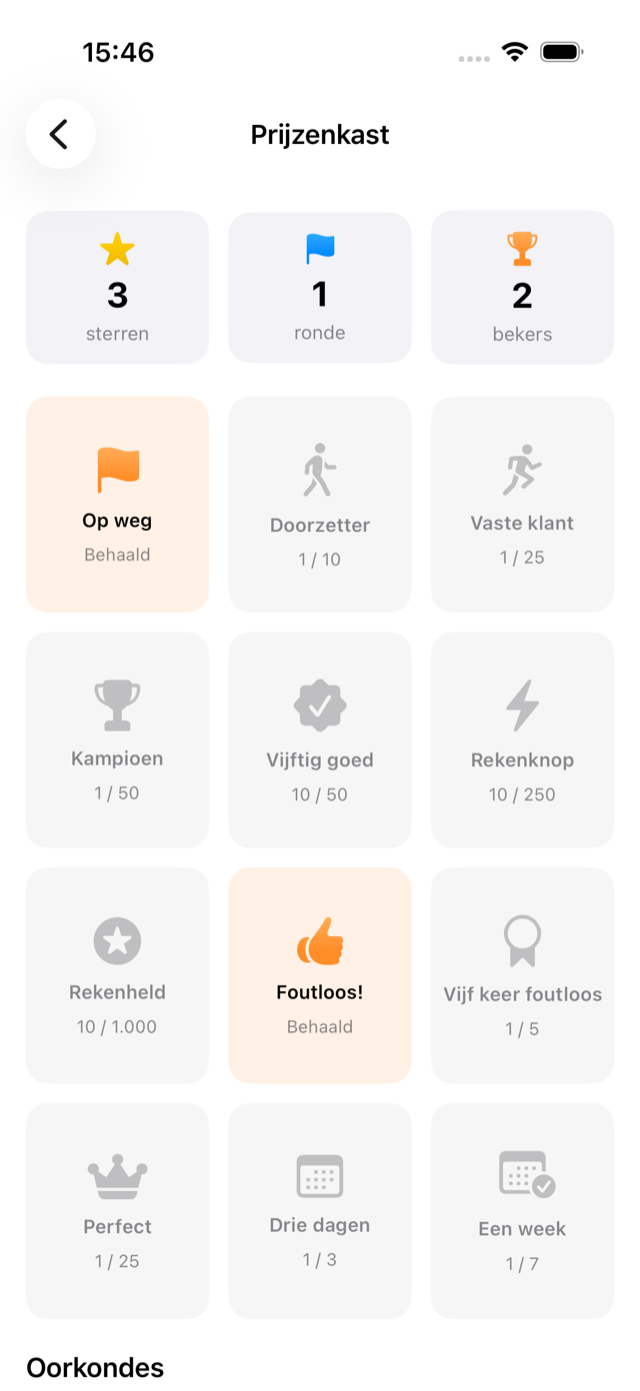 De prijzenkast: het aantal verdiende sterren en bekers, met per beker de voortgang naar de volgende.