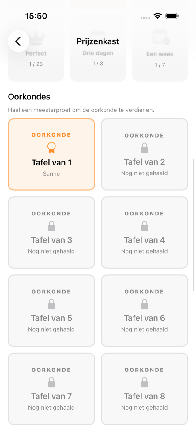 Het scherm na een gehaalde meesterproef, met de nieuw verdiende oorkonde erop.