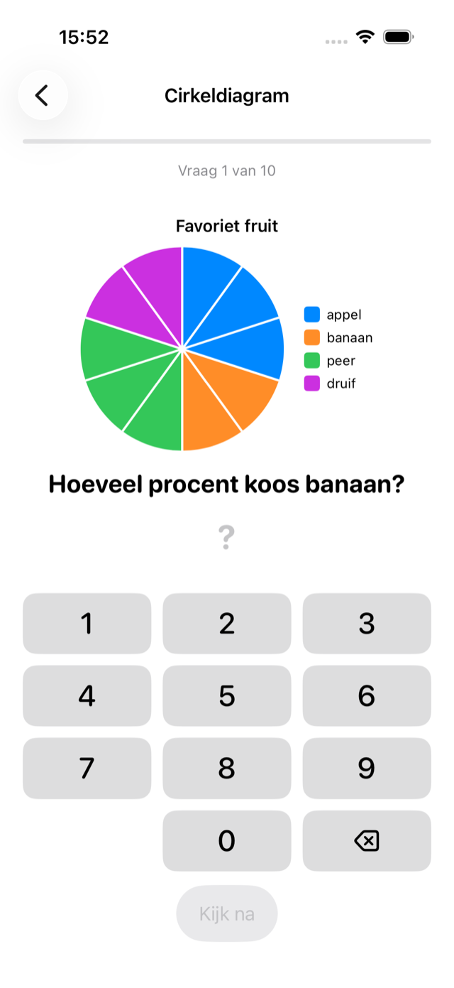 Een cirkeldiagram verdeeld in tien parten, met vier antwoorden om uit te kiezen.