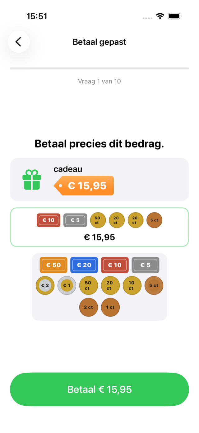 Een toonbank met een product en een prijskaartje, het geld dat ervoor is neergelegd, en daaronder de geldla om munten en briefjes uit te kiezen.